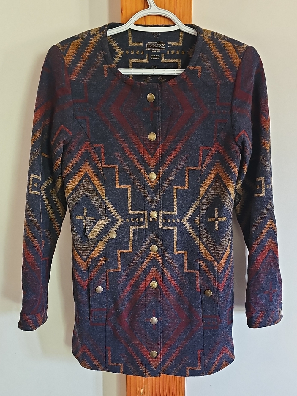Pendleton Navy Aztec-Pattern Button Front Cardigan with Rust and Gold Accents